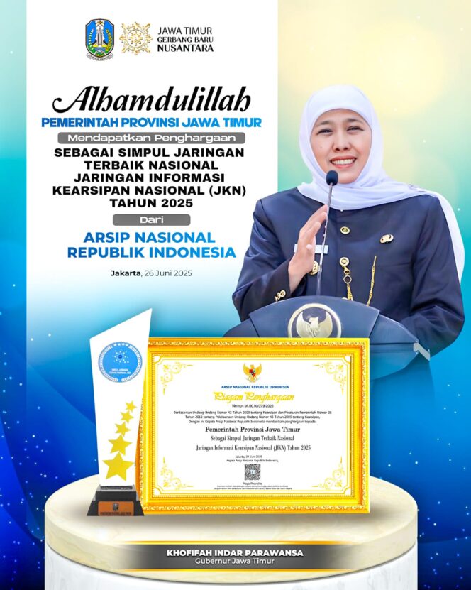 
					Jatim Raih Penghargaan Simpul Jaringan Terbaik, Gubernur Khofifah Komitmen Perkuat Kearsipan Terbuka dan Mudah Diakses Masyarakat
