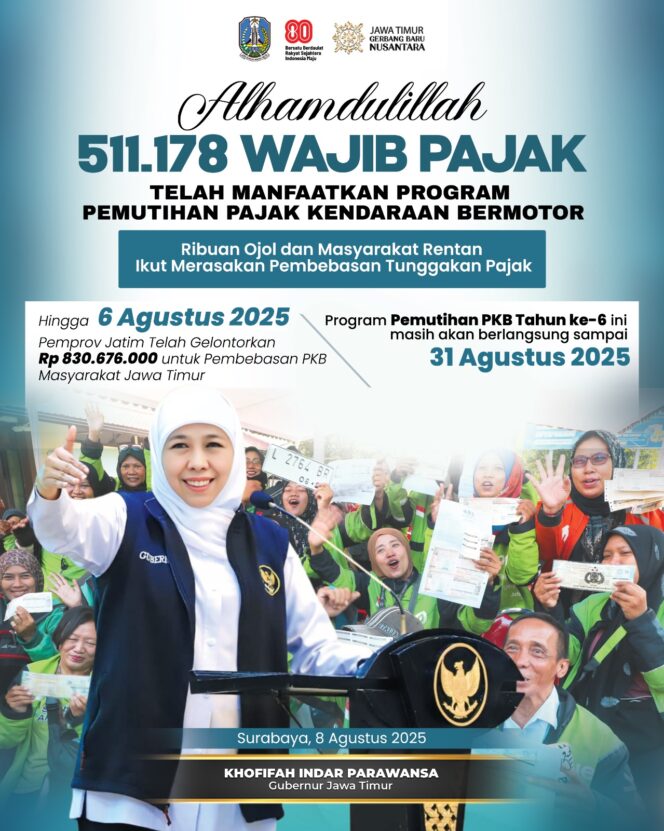 
					Pemutihan Pajak Kendaraan Telah Sasar 511.178 WP, Gubernur Khofifah: Ribuan Ojol dan Masyarakat Rentan Ekonomi  Ikut Rasakan Manfaat