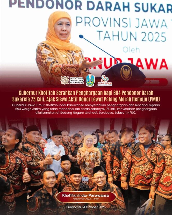 
					604 Pendonor Darah Sukarela Terima Penghargaan, Gubernur Khofifah Dorong SMA/SMK dan MA Ikut Gerakan PMR