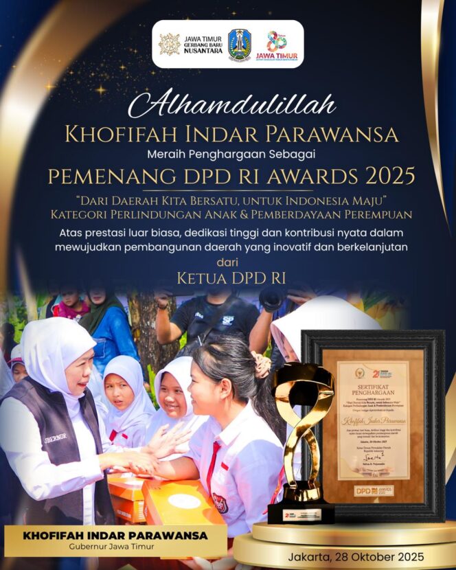 
Gubernur Khofifah Kembali Buktikan Kepemimpinan Humanis Lewat Penghargaan DPD RI Awards 2025