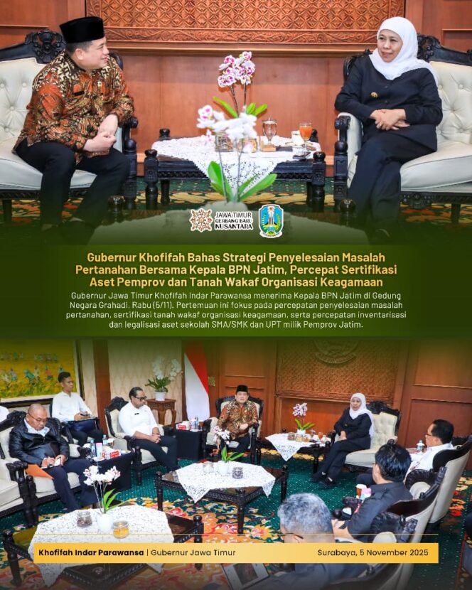 
					Gubernur Khofifah Dorong Sertifikasi Tanah Wakaf dan Aset Pendidikan sebagai Bagian Penguatan Sejarah Kepemilikan Publik