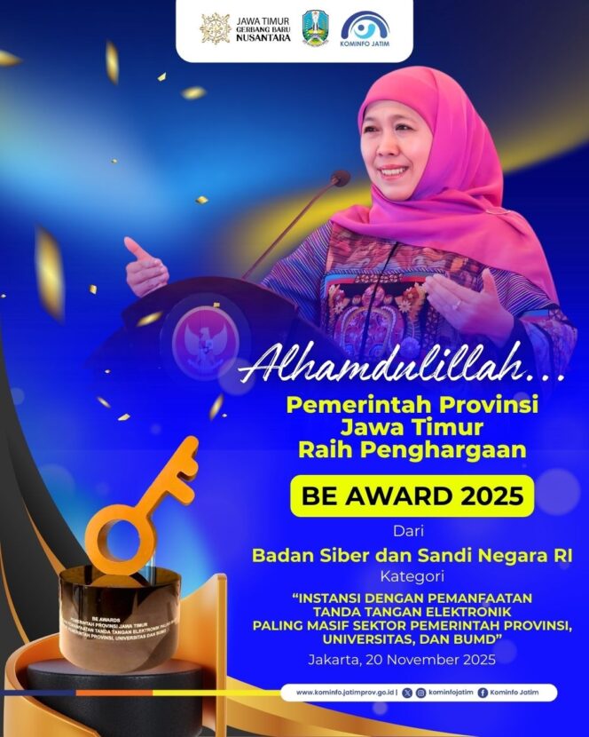 
					Gubernur Khofifah Nilai Be Award 2025 Bukti Kesiapan Jatim Hadapi Tantangan Siber dan Transformasi Pemerintahan Digital
