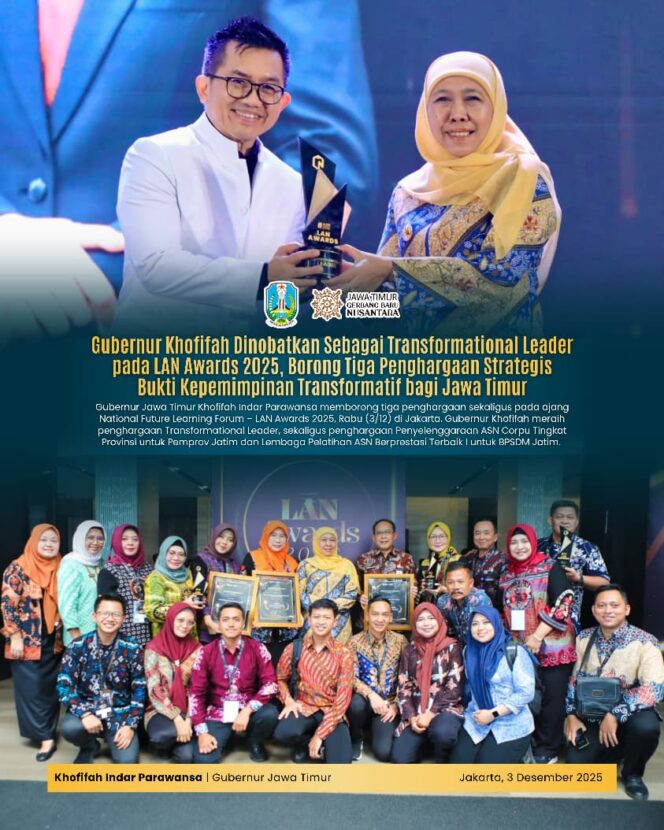 
					Gubernur Khofifah Pimpin Jatim Raih Tiga Penghargaan Nasional, BPSDM Jatim Kembali Jadi yang Terbaik di Indonesia