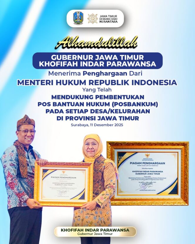 
					Gubernur Khofifah Tegaskan Posbankum Desa/Kelurahan Jadi Fondasi Ketertiban Sosial dan Keadilan di Jawa Timur
