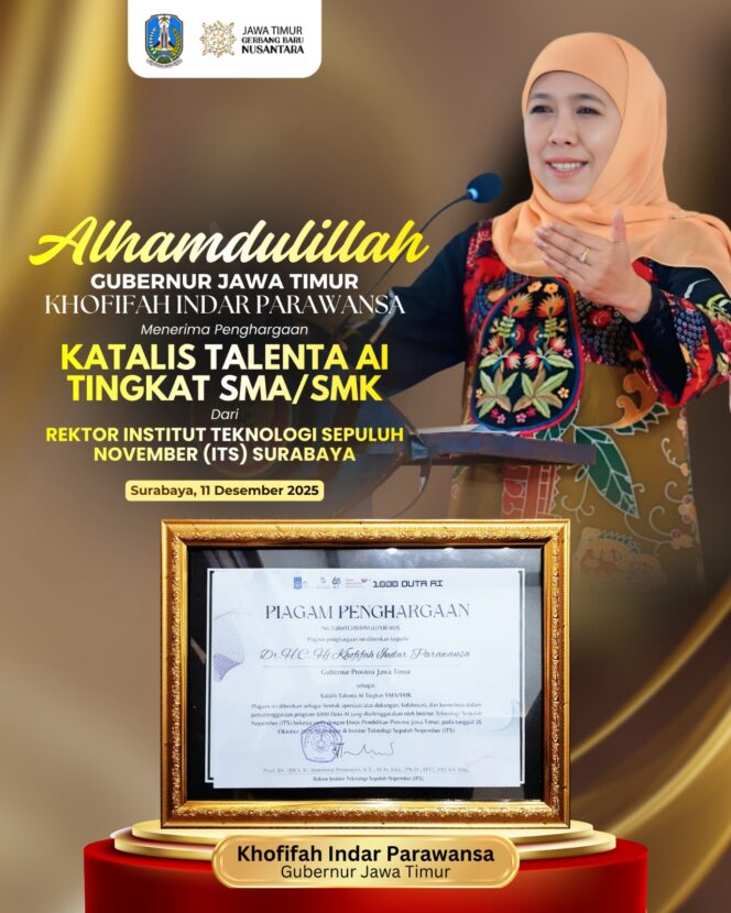 
Gubernur Khofifah Terima Penghargaan Katalis Talenta AI SMA/SMK, Tegaskan Transformasi Digital Pendidikan Jatim Terus Dipercepat