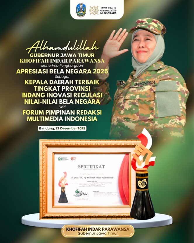 
Penguatan Nilai Bela Negara Jadi Sorotan, Gubernur Khofifah Raih Apresiasi Forum Pimred Multimedia Indonesia