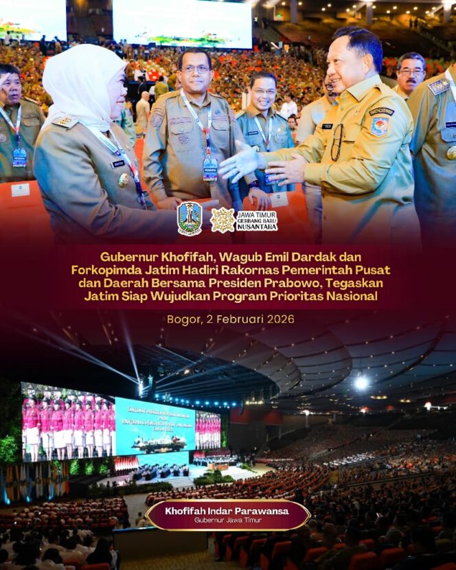 
Gubernur Khofifah Bersama Forkopimda Jatim Hadiri Rakornas, Tegaskan Komitmen Wujudkan Indonesia Emas 2045