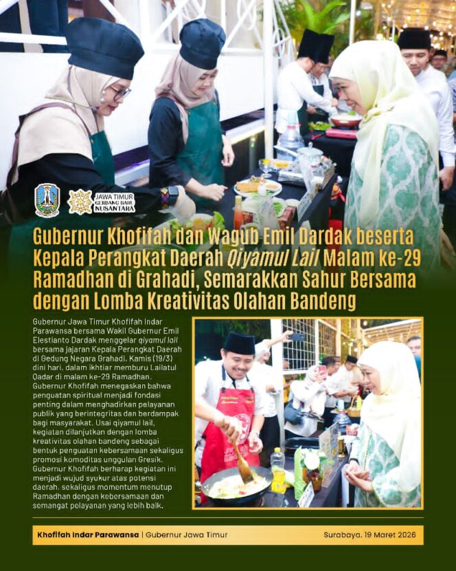 
Gubernur Khofifah Gelar Qiyamul Lail di Grahadi, Lomba Olahan Bandeng Pererat Silaturahmi Perangkat Daerah