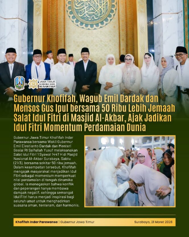 
Gubernur Khofifah Salat Ied Bersama Ribuan Jemaah, Ajak Jadikan Idul Fitri Momentum Perdamaian