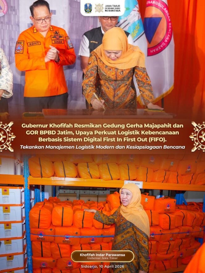 
Gubernur Khofifah Tekankan Sistem FIFO dalam Pengelolaan Logistik Bencana, Resmikan Gerha Majapahit BPBD Jatim