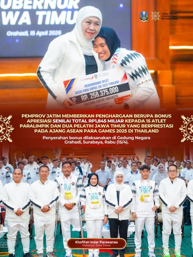
Gubernur Khofifah Serahkan Bonus Rp1,845 Miliar, Tegaskan Atlet Paralimpik Jatim Mampu Bersaing di Level Internasional