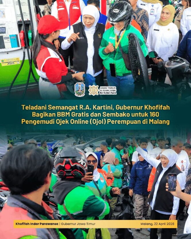 
Gubernur Khofifah Hadirkan Kepedulian Hari Kartini, 160 Ojol Terima BBM Gratis dan Sembako