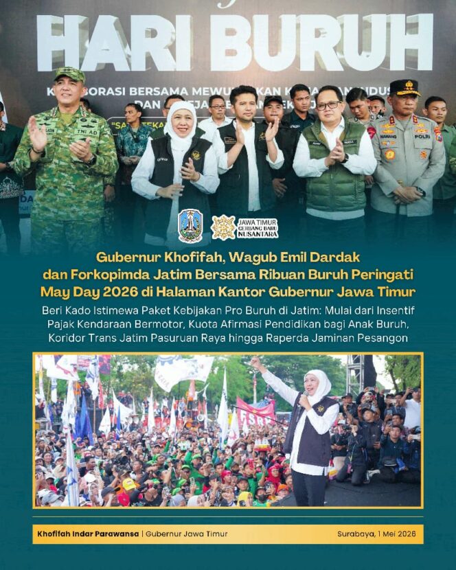 
Gubernur Khofifah Hadirkan Solusi Nyata di May Day, Perkuat Kesejahteraan Buruh Jatim