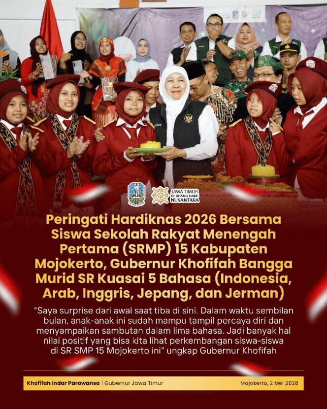
Gubernur Khofifah Haru di Hardiknas, Siswa Sekolah Rakyat Mojokerto Tunjukkan Prestasi Gemilang