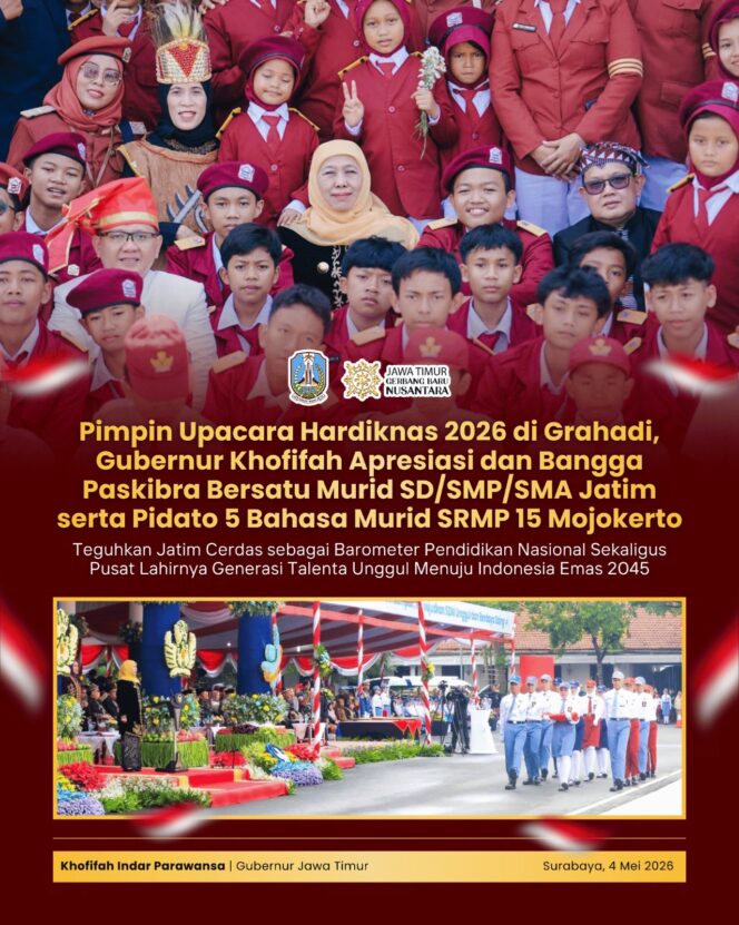 
Gubernur Khofifah Pimpin Hardiknas di Grahadi, Tampilkan Generasi Unggul dan Berdaya Saing Global
