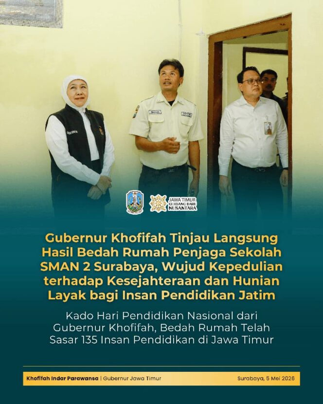 
Gubernur Khofifah Tinjau Hasil Bedah Rumah di Surabaya, Perkuat Kesejahteraan Tenaga Pendidikan