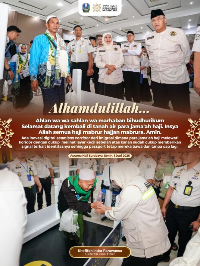 
Kepulangan Jemaah Haji Kloter I Debarkasi Surabaya Berjalan Lancar, Gubernur Khofifah Soroti Inovasi Layanan Imigrasi