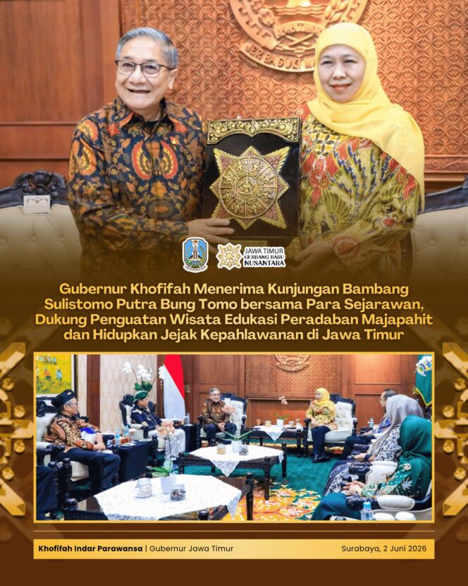 
Penguatan Jejak Peradaban Majapahit dan Kepahlawanan Jadi Fokus Pertemuan Gubernur Khofifah dengan Putra Bung Tomo