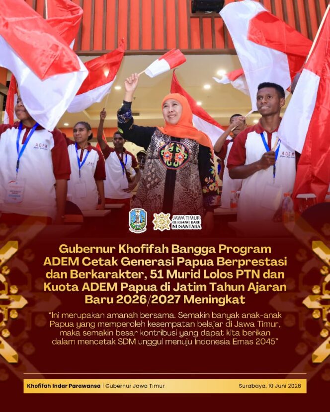 
Kuota ADEM Papua di Jatim Meningkat, Gubernur Khofifah Tegaskan Komitmen Cetak Generasi Emas Indonesia