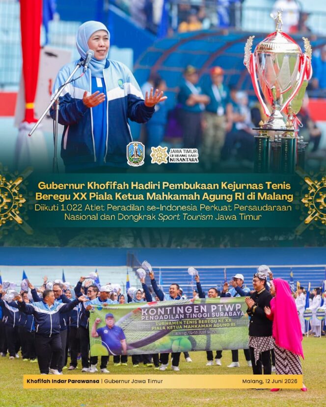 
Hadirkan Ribuan Atlet dari Seluruh Indonesia, Gubernur Khofifah Sebut Kejurnas Tenis MA RI Dongkrak Sport Tourism Jawa Timur