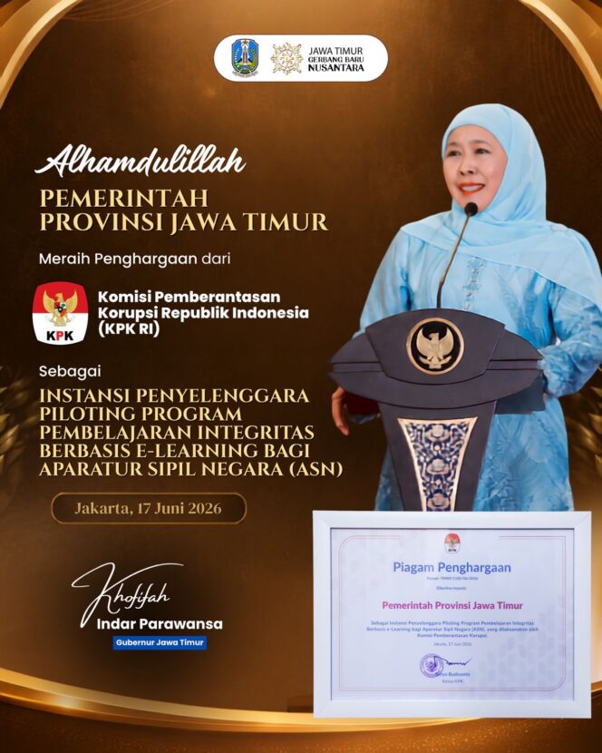 
Jatim Catat Partisipasi ASN Tertinggi dalam Program E-Learning Integritas, KPK RI Berikan Penghargaan kepada Gubernur Khofifah