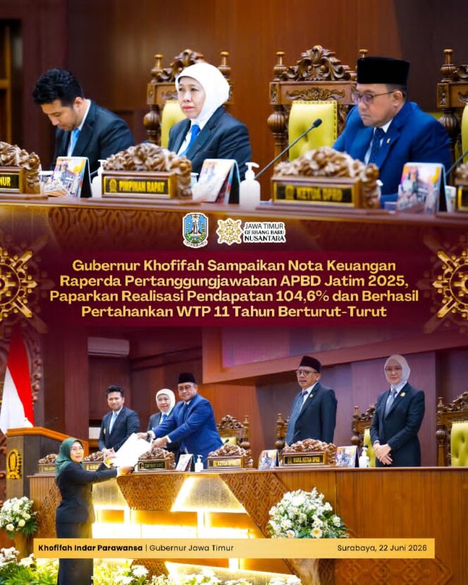 
Pendapatan Daerah Tembus Rp29,88 Triliun, Gubernur Khofifah Tegaskan Pengelolaan Keuangan Jatim Tetap Akuntabel dan Transparan