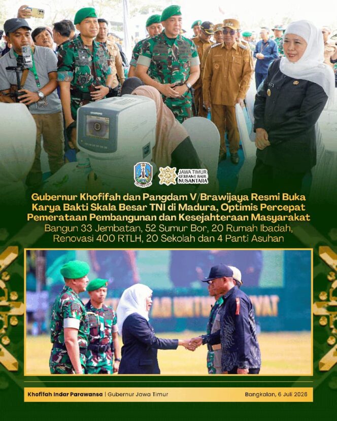 
Gubernur Khofifah Perkuat Sinergi dengan Kodam V/Brawijaya, Karya Bakti Skala Besar TNI AD Fokus Bangun Infrastruktur dan Tingkatkan Kesejahteraan Warga Madura