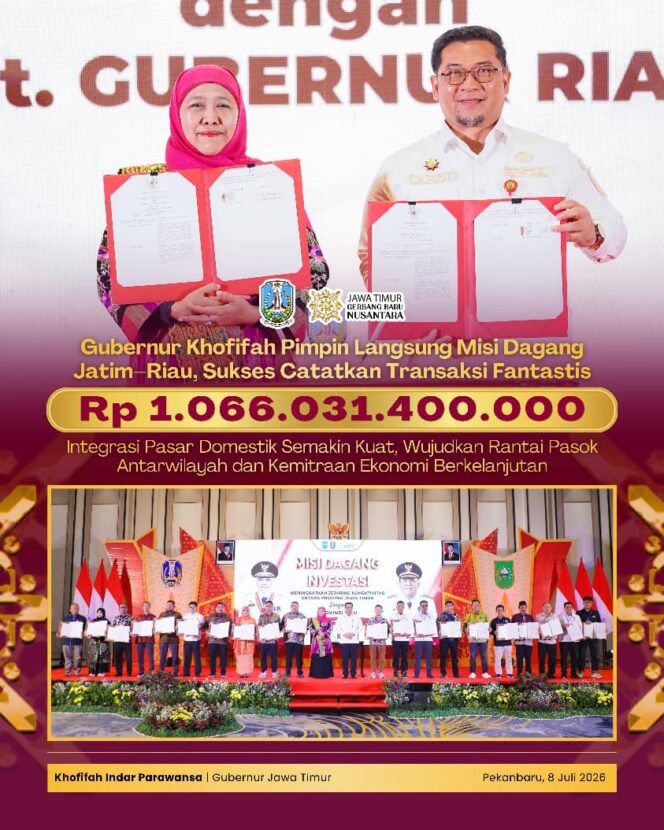 
Dipimpin Gubernur Khofifah, Misi Dagang Jatim–Riau Catat Rekor Transaksi Rp1,06 Triliun dan Perkuat Rantai Pasok Nasional