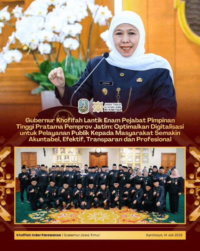
Lantik Enam Pejabat Baru, Gubernur Khofifah Dorong Percepatan Digitalisasi dan Penguatan Integritas Birokrasi