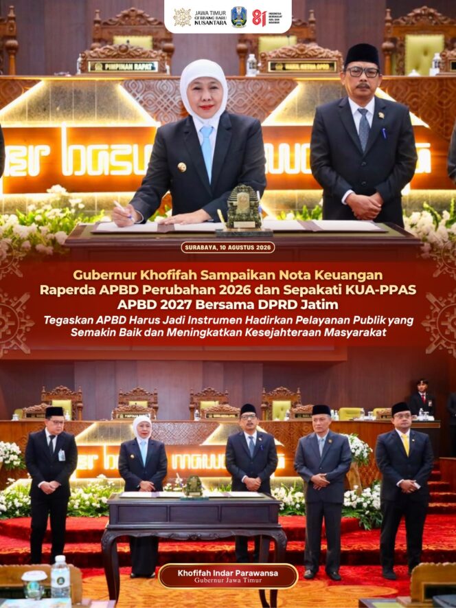 
Pendapatan Jatim Ditargetkan Rp26,49 Triliun dalam P-APBD 2026, Gubernur Khofifah Perkuat Belanja Pelayanan Publik
