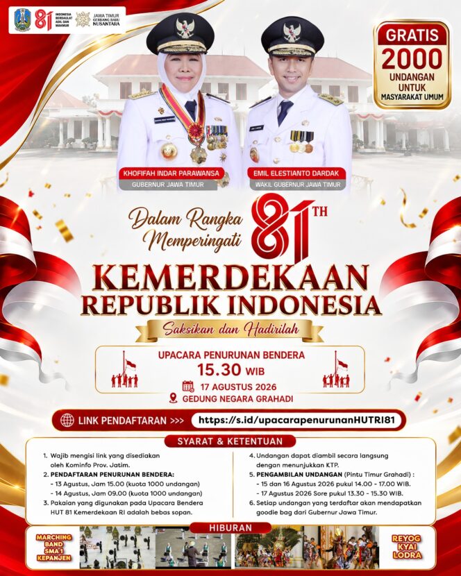 
Gubernur Khofifah Buka Kesempatan bagi 4.000 Warga Ikuti Upacara Kemerdekaan di Gedung Negara Grahadi