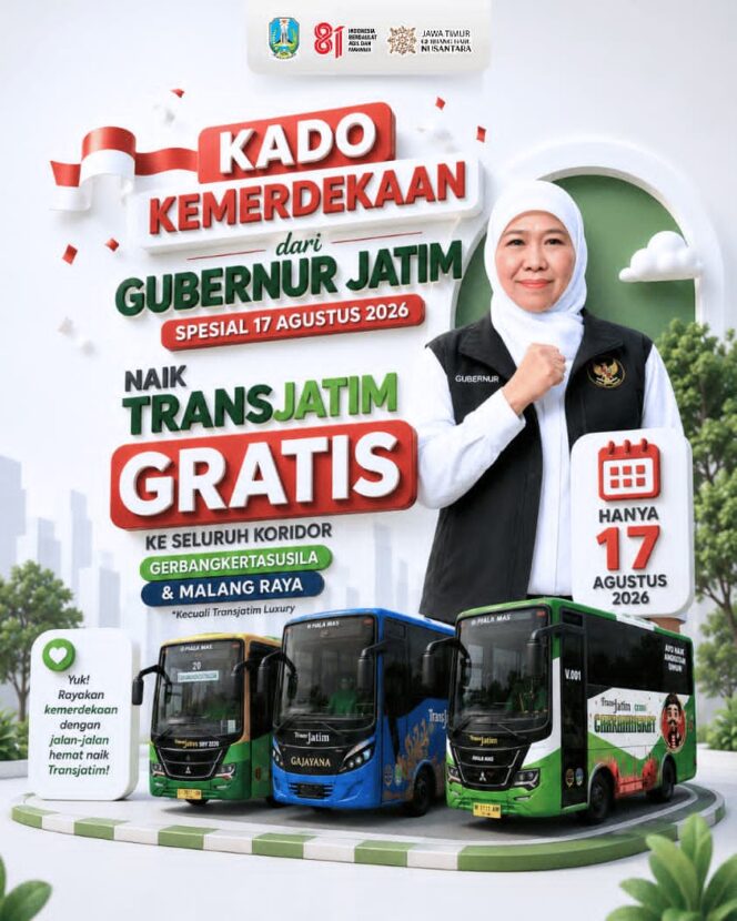 
Kado Kemerdekaan dari Pemprov Jatim, Gubernur Khofifah Gratiskan Trans Jatim pada 17 Agustus