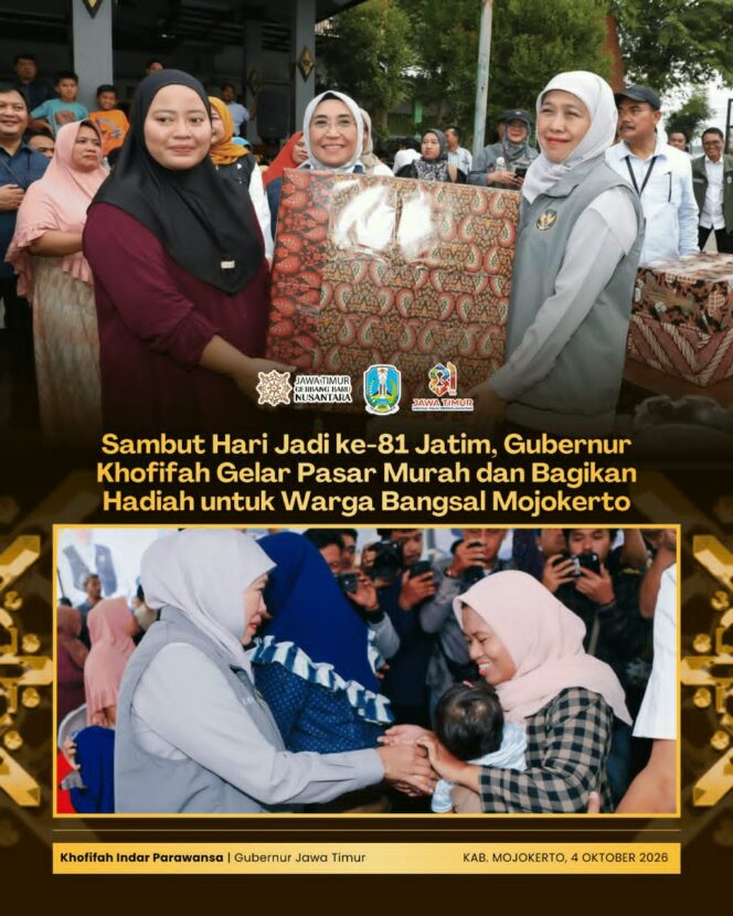 
Semarak Hari Jadi ke-81 Jatim, Gubernur Khofifah Bagikan Bantuan Pangan dan Hadiah di Mojokerto-Blitar