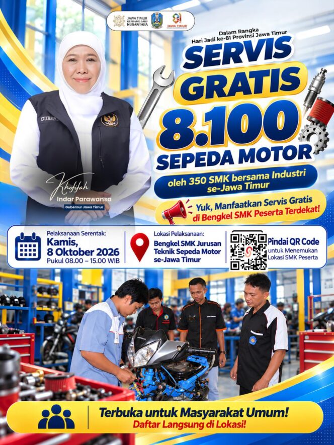 
350 SMK Serentak Layani Servis Gratis 8.100 Sepeda Motor, Gubernur Khofifah: Vokasi Harus Dekat dengan Praktik