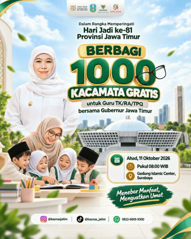 
1.000 Guru TK, RA, dan TPQ Dapat Kacamata Gratis, Gubernur Khofifah Tekankan Pentingnya Kesehatan Pendidik