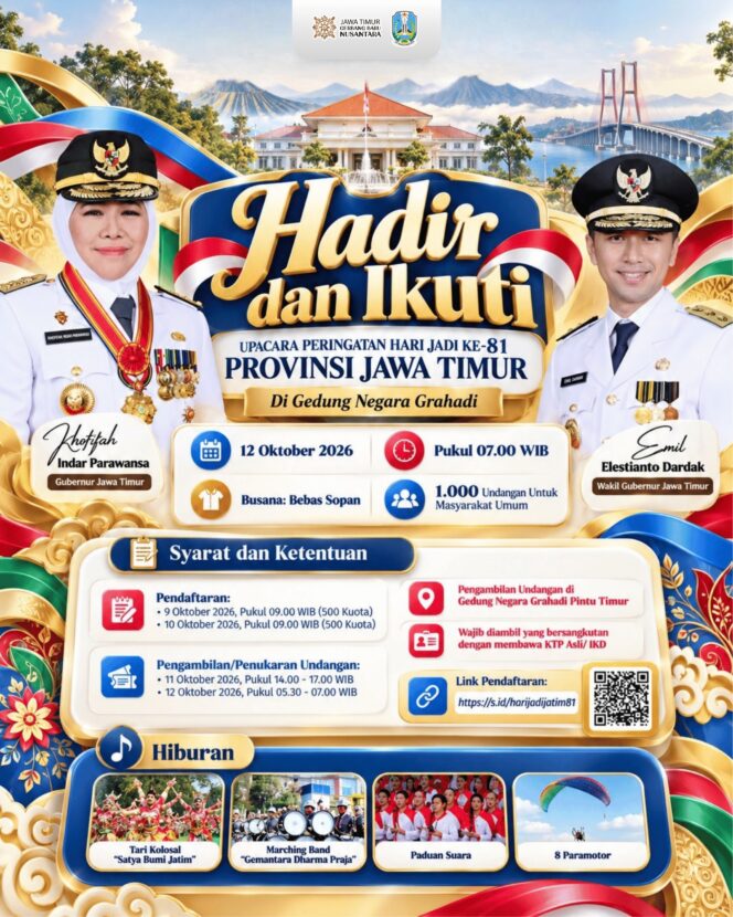 
Pendaftaran Tahap Kedua Dibuka 10 Oktober, Gubernur Khofifah Ajak Masyarakat Semarakkan Hari Jadi ke-81 Jatim