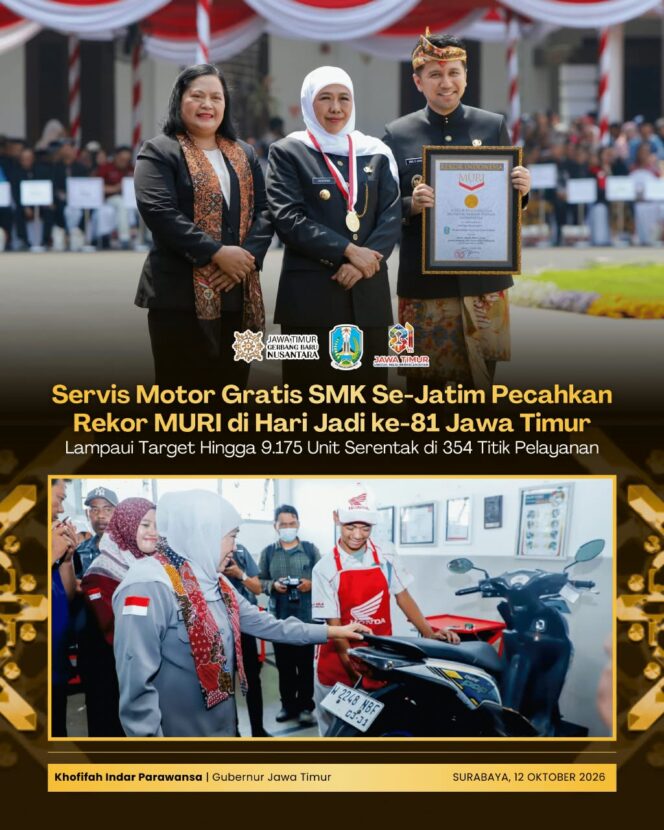 
Gubernur Khofifah Tegaskan Keunggulan Vokasi Jatim Usai Program Servis Motor Gratis Masuk Rekor MURI