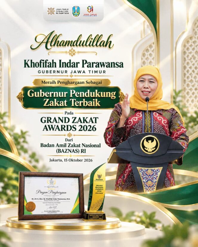 
Sukses Dorong Ekonomi Mustahik, Gubernur Khofifah Terima Grand Zakat Award 2026 dari BAZNAS RI