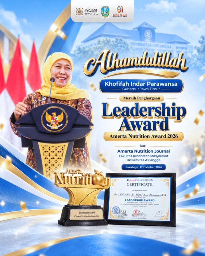 
Gubernur Khofifah Raih Leadership Award Amerta Nutrition 2026 Atas Komitmen Komprehensif Pembangunan Gizi
