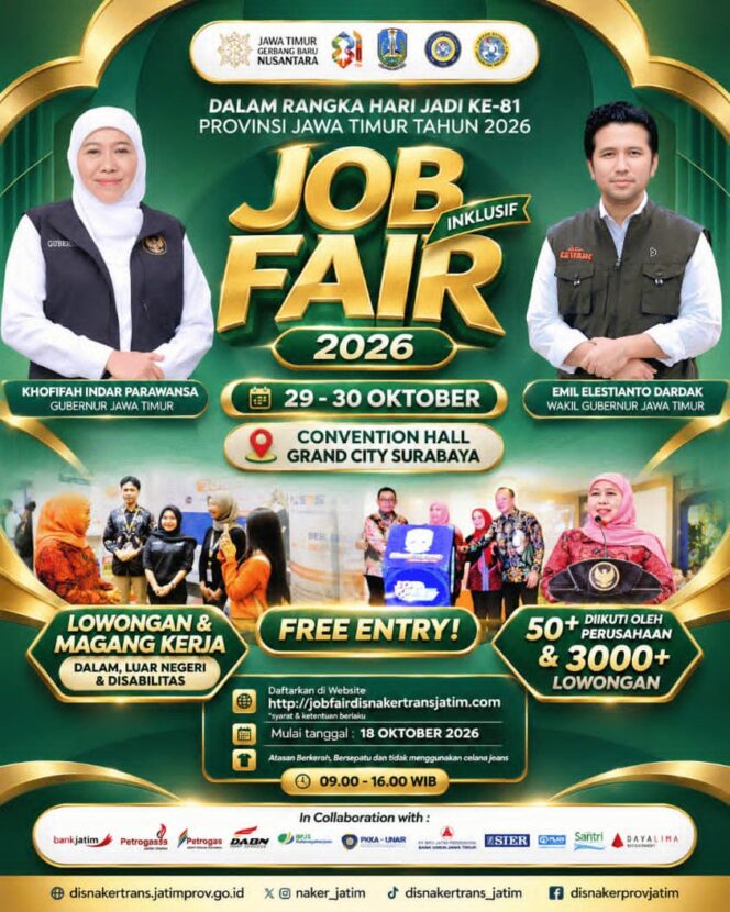 
Libatkan 102 Perusahaan, Gubernur Khofifah Dorong Pencari Kerja Hadiri Job Fair Inklusif 2026